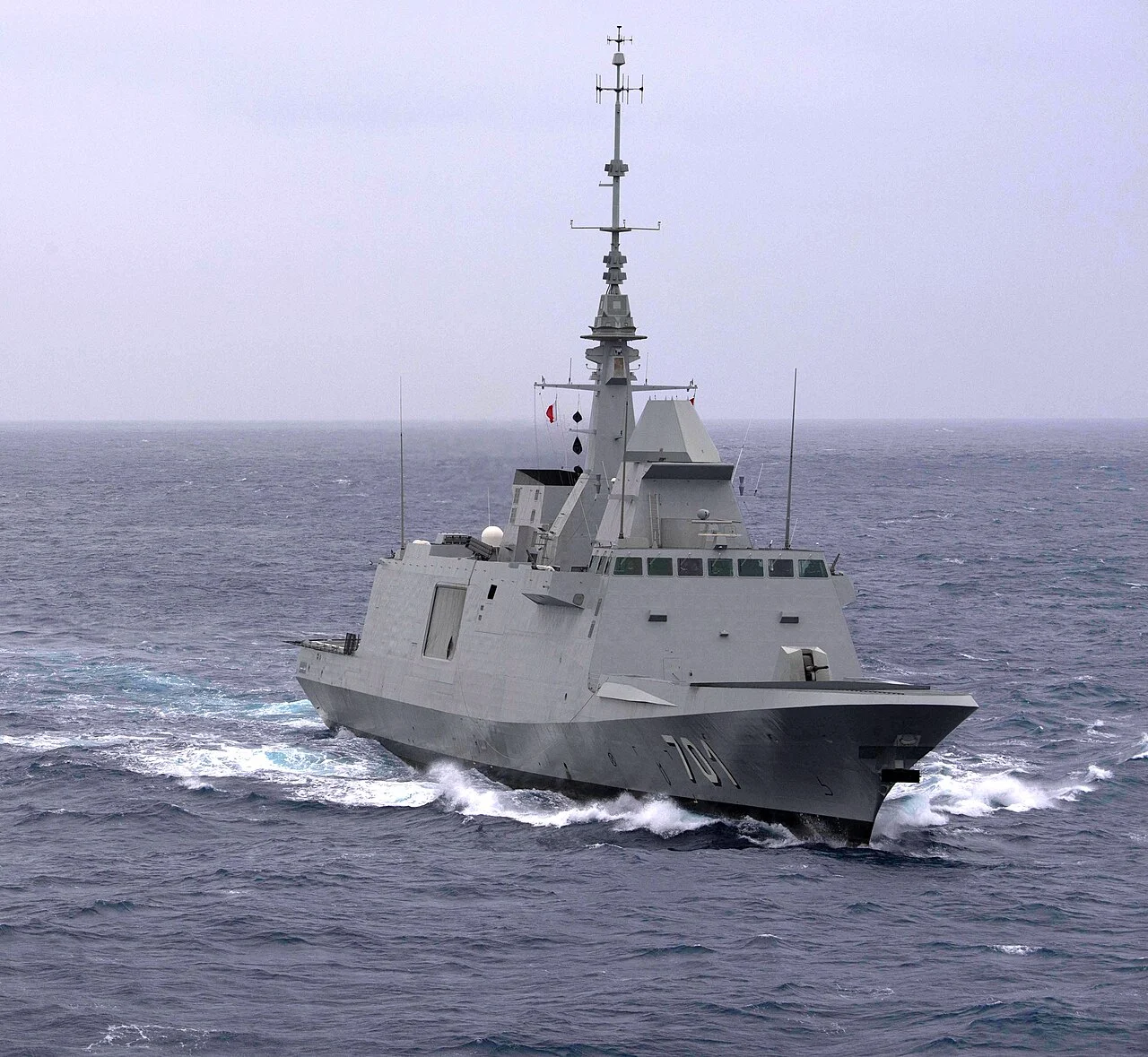Royal Moroccan Navy FREMM frigate Mohammed VI sailing in formation in the Atlantic in 2018