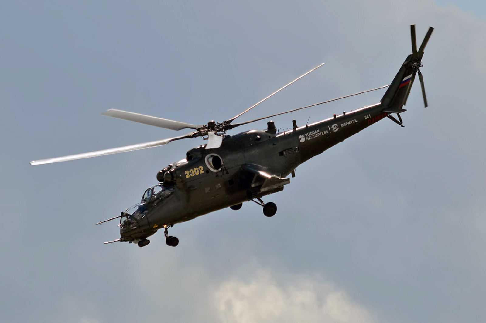 Mi-35M attack helicopter in flight showing fixed landing gear and short stub wings