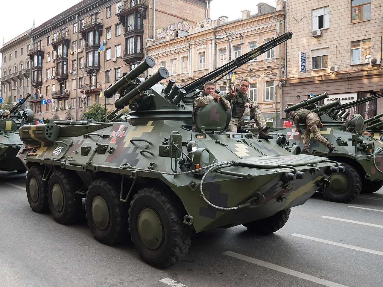BTR-3 wheeled armoured personnel carrier during a parade rehearsal in Kyiv