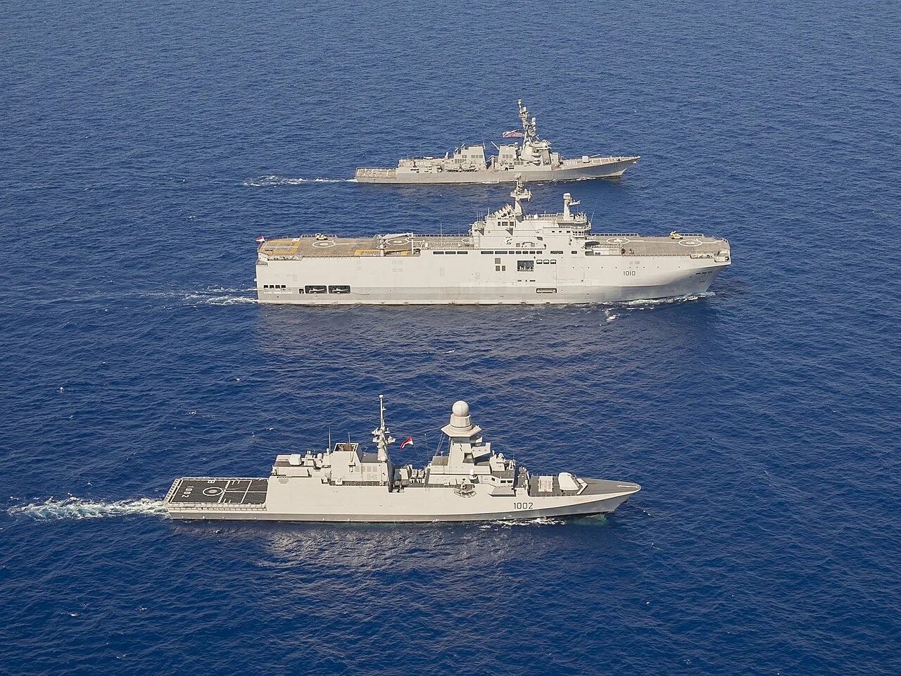 Egyptian Navy FREMM-class frigate ENS Al-Galala underway with amphibious assault ship ENS Gamal Abdel Nasser