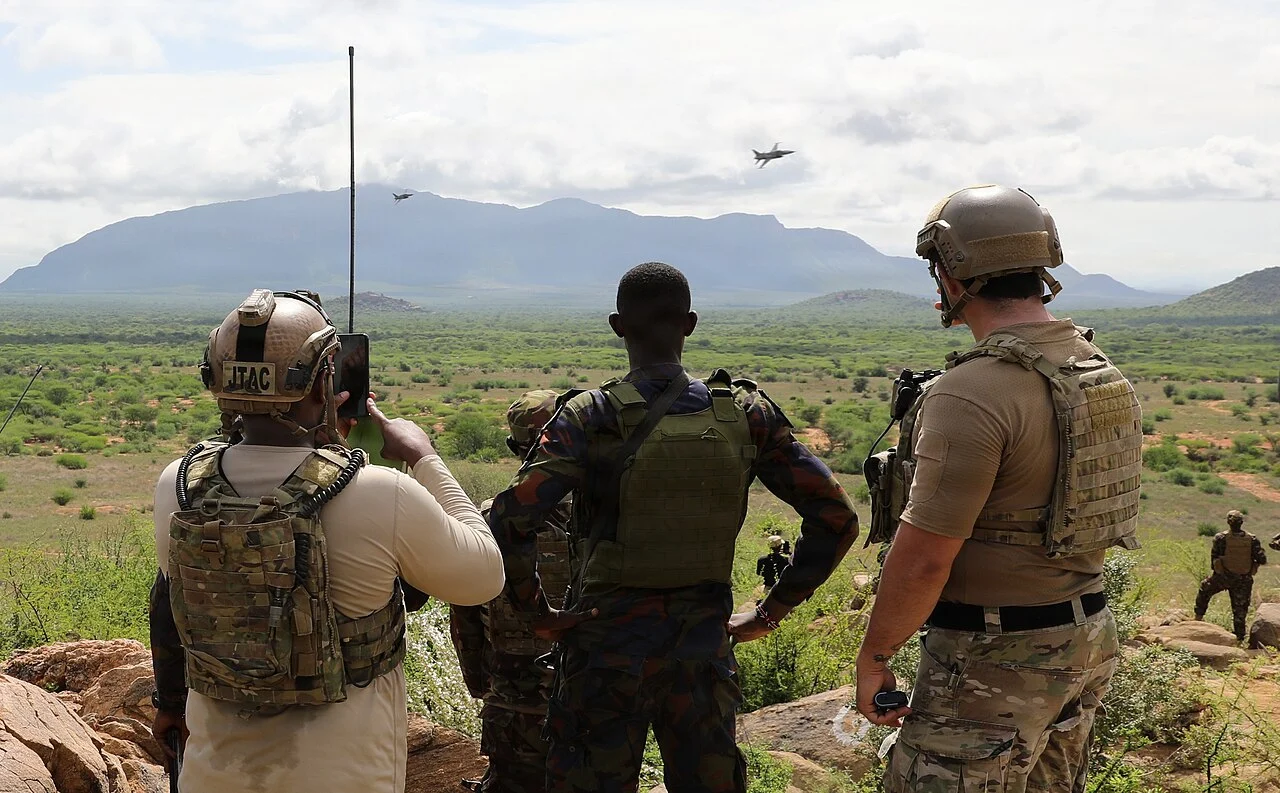 A Kenya Air Force F-5 Tiger II supports a Justified Accord 2026 combined arms live-fire exercise