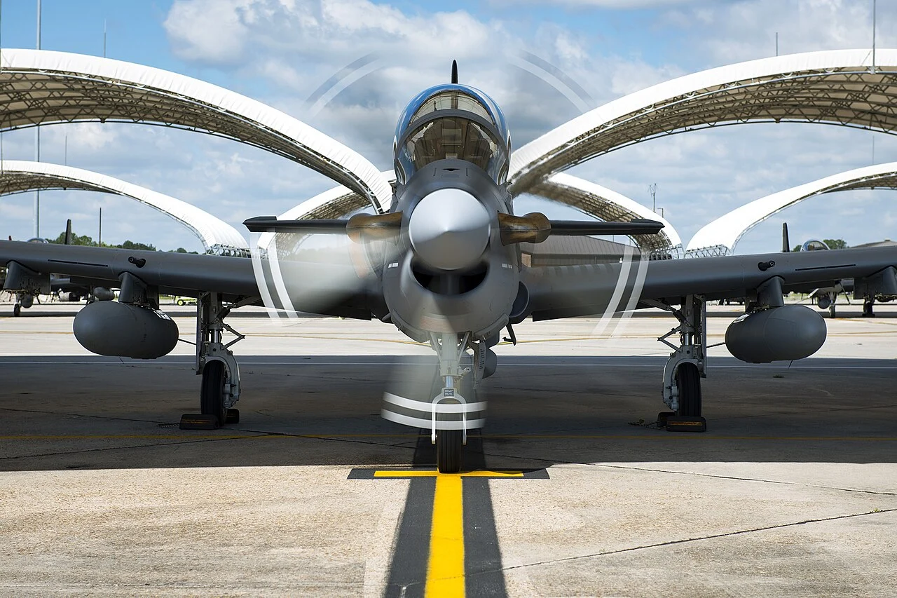 A Nigerian Air Force A-29 Super Tucano light attack aircraft arrives at Moody Air Force Base for pilot training