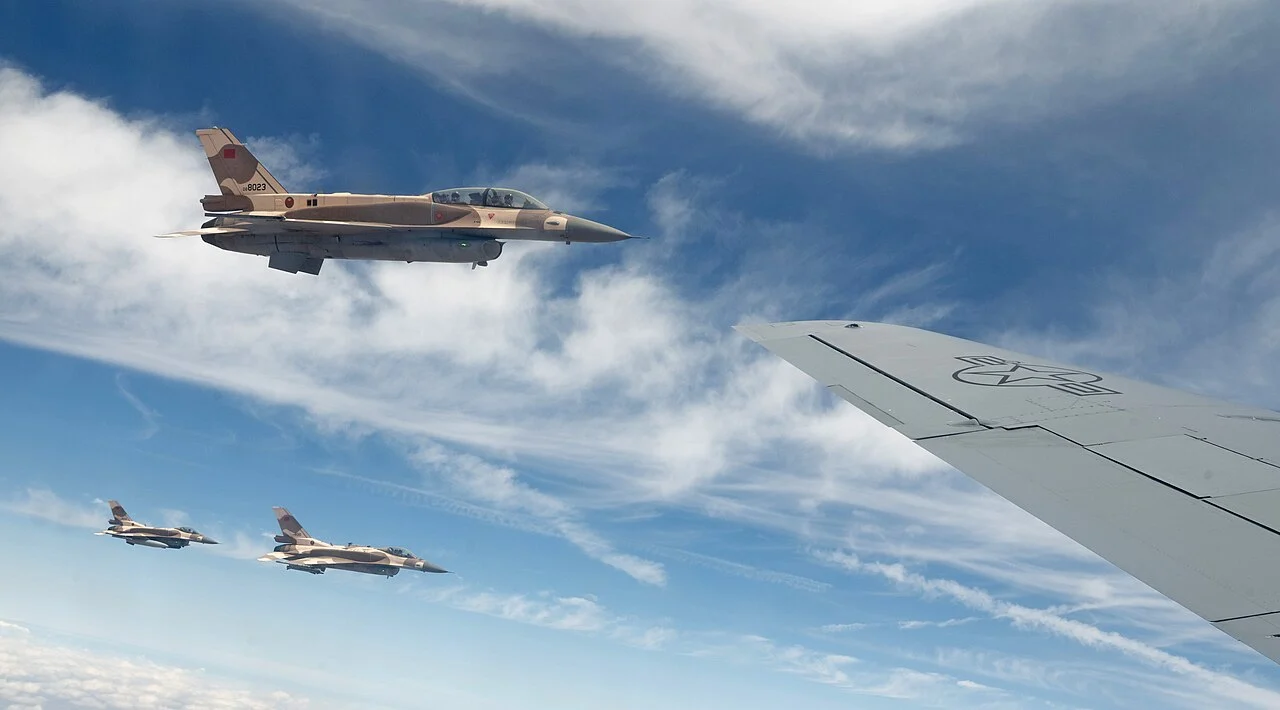 Royal Moroccan Air Force F-16 Fighting Falcons refuel from a USAF KC-135 during Exercise African Lion 2025