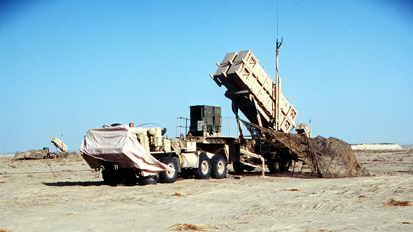 US Army Patriot M901 missile launcher deployed in the desert near Camp Doha, Kuwait