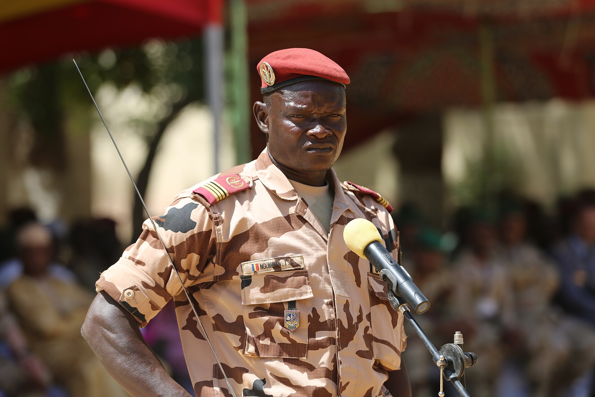 Chadian Army officer addressing troops at the opening of Flintlock 2017 in N'Djamena