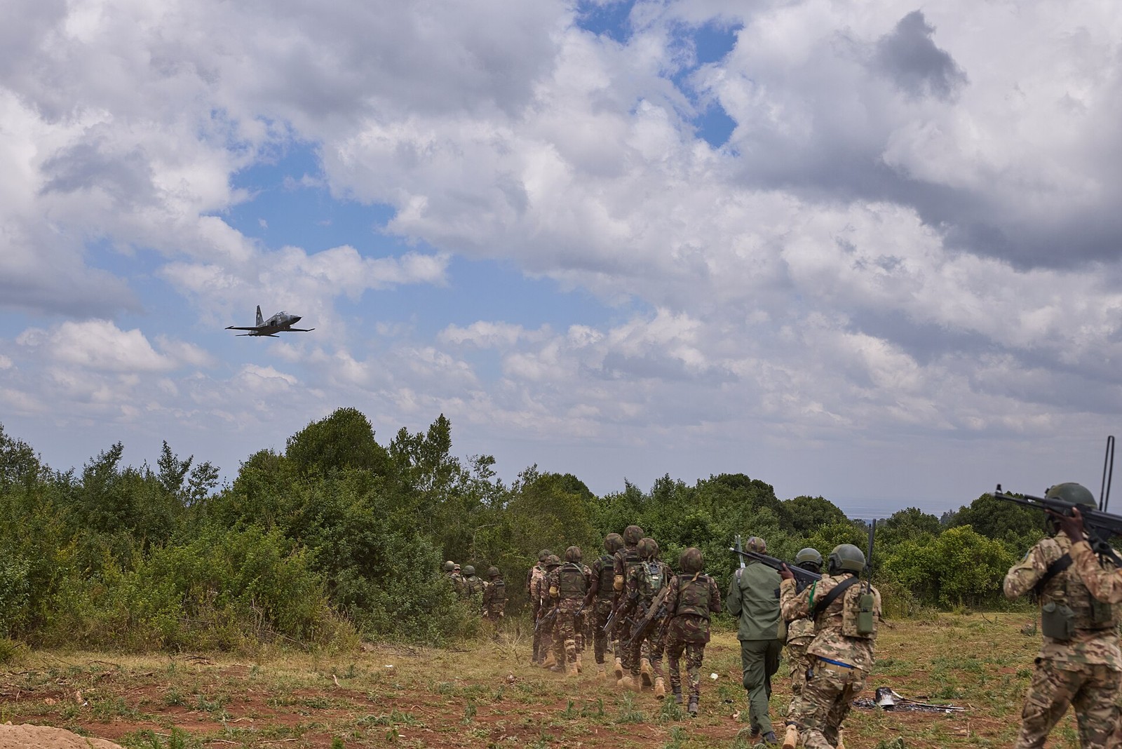 Kenya Air Force F-5E Tiger II flying over Kenya Defence Forces troops during Justified Accord 2024 at Nanyuki