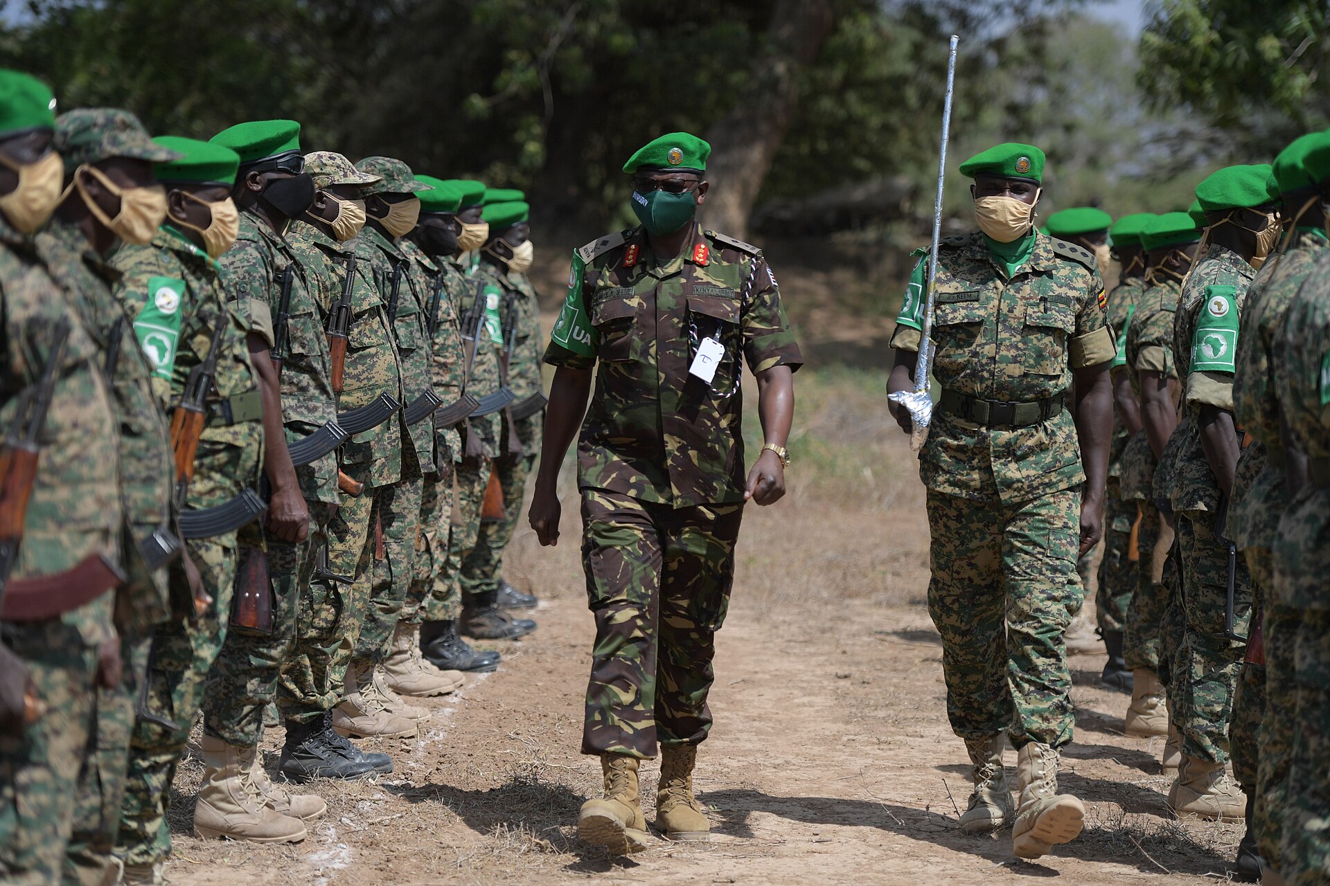 Ugandan AMISOM soldiers mount a guard of honour at Afgoye forward operating base, Somalia, March 2021